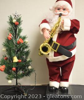 Santa Playing Saxophone Moving Figure, Plug in Tree-Lights Up